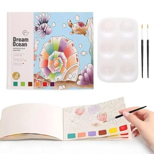 Produktbild: LYNSAN Malblock Kinder, 20 Blatt Aquarell Malbuch mit Pinsel und Palette, Kinder Aquarell Malerei Set, Wasserfarben Mit Aquarellpapier,Erwachsene Anfänger (Ozeane)
