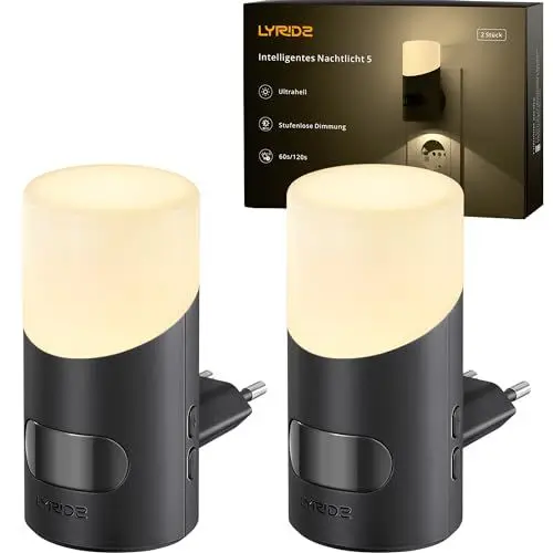Produktbild: Lyridz Nachtlicht Steckdose mit Bewegungssensor Oberen und Unteren Beleuchtung Ultrahelles, 2 Stück Dimmbares Nachtlampe Warmweißes LED Nachtlicht mit 3 Modi für Schlafzimmer, Küche, Flur, 2700K