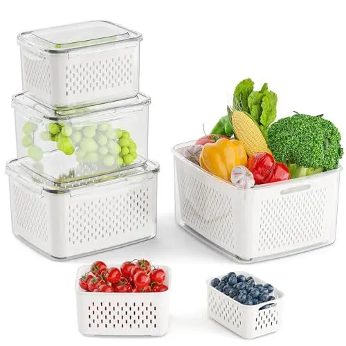 Produktbild: LYRIFFTIC Frischhaltedosen mit Deckel und Abtropfkorb, 6 Set Organizer Kühlschrank, Aufschnittbox zur Gemüse und Obst Aufbewahrung, Stapelbare Gemüse Aufbewahrung für Kühlschränke, Schränke