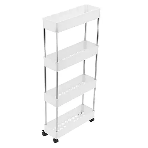 Produktbild: lyrlody 4-stöckiger Küchen-Servierwagen, Schmales Aufbewahrungsregal, Rollwagen aus Kunststoff und Edelstahl, Rollkommode mit Korb, Roll-Küchenwagen, 40 X 13 X 86 cm