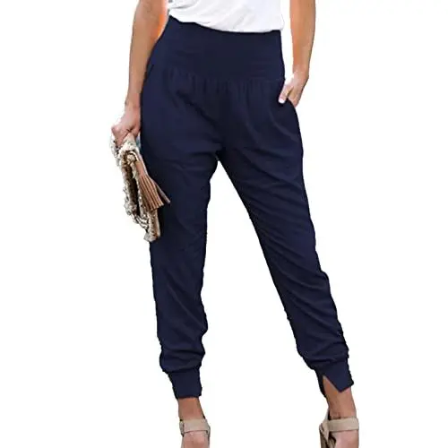 Produktbild: lyrlody Damen-Jogginghose, Einfarbiger Trainingsanzug, Damen, Hohe Taille, Dehnbar, Damen, Knöchellang, Zigarettenhose mit Zwei Vordertaschen und Geschlitztem Saum(L-Dunkelblau)