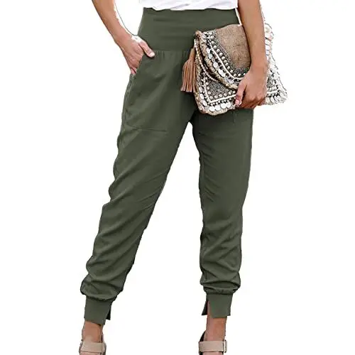 Produktbild: lyrlody Damen-Jogginghose, Einfarbiger Trainingsanzug, Damen, Hohe Taille, Dehnbar, Damen, Knöchellang, Zigarettenhose mit Zwei Vordertaschen und Geschlitztem Saum(L-Grün)