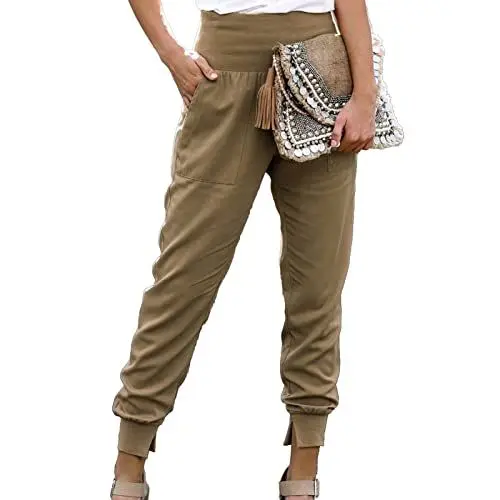 Produktbild: lyrlody Damen-Jogginghose, Einfarbiger Trainingsanzug, Damen, Hohe Taille, Dehnbar, Damen, Knöchellang, Zigarettenhose mit Zwei Vordertaschen und Geschlitztem Saum(S-Persimmon)
