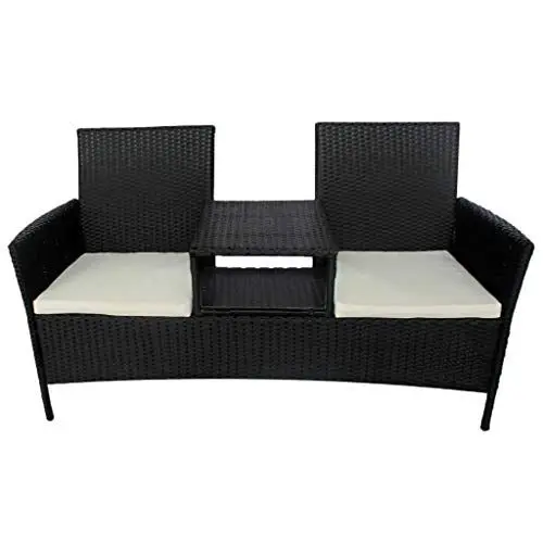 Produktbild: Gartenbank aus Rattan, bequemes Kissen, 2-Sitzer, Gartensofa, schwarz für den Außenbereich