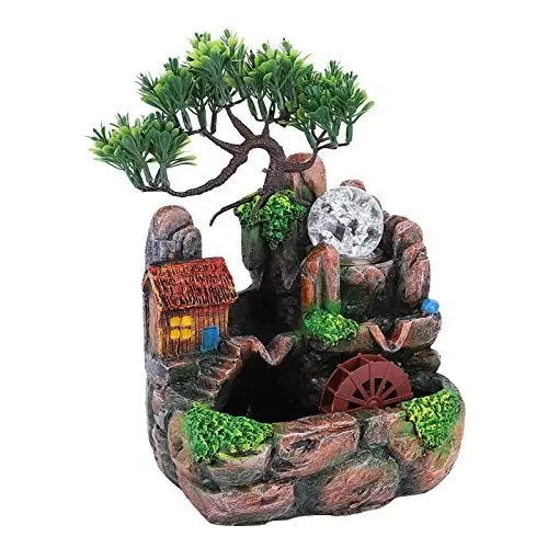 Produktbild: lyrlody Simulation Resin Desktop Springbrunnen Nebelfeuchtigkeitseffekt Wohnzimmer Tischdekoration, Kunstharz Desktop Brunnen Dekoration für Freunde (220V EU-Stecker)