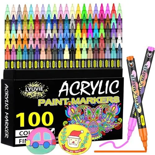 Produktbild: Lyuvie Acrylstifte für Steine Wasserfest,100 Farben Acrylmarker für Holz Rock Painting Glas Kiesel Stein Metall Keramik,Permanent Marker Acrylstifte Wasserfest 0,7mm Extra Feine Spitze