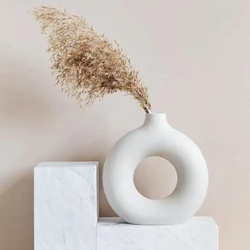 Produktbild: Lywins Vase Für Pampasgras Blumen, Weiß Keramik Donut Vase, Weiß matt, Blumen, Runde Form Modern Getrocknete Blumenvasen Für Wohnzimmer Büro Dekoration (S (12,5 x 13 CM))