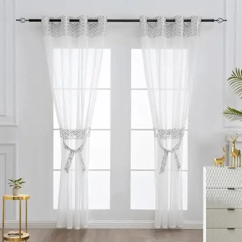 Produktbild: L.Z.E Gardinen für Wohnzimmer Fenster Silber Weiß Vorhang Kurz mit Muster und Ösen Gardine Vorhänge für Schlafzimmer Transparent 2er Set Kurzstores Gardinenschals 140 x 145 cm Länge