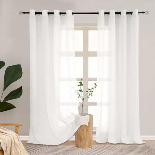 Produktbild: L.Z.E Vorhang Off-White Halbtransparent mit Ösen, Gardinen Modern für Schalfzimmer Fenster, Einfarbige Lichtdurchscheinende Stores Dekoschals 2er Set für Eckerfenster, Leinenoptik 175cm Lang, 190g/㎡