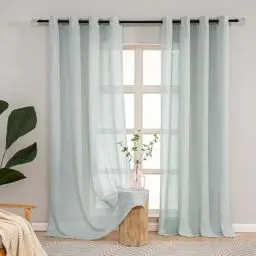 Produktbild: L.Z.E Vorhänge Schlafzimmer Modern Grün, HellGrün Gardinen Leinenoptik mit Ösen für Wohnzimmer Kinderzimmer, 2er Set Gardinen Schals Halbtransparent, Landhausstil 225 cm Lang, Hellgrün 190g/㎡