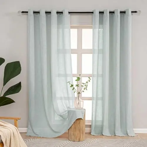 Produktbild: L.Z.E Vorhänge Schlafzimmer Modern Grün, HellGrün Gardinen Leinenoptik mit Ösen für Wohnzimmer Kinderzimmer, 2er Set Gardinen Schals Halbtransparent, Landhausstil 225 cm Lang, Hellgrün 190g/㎡