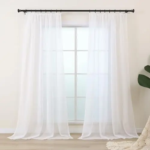 Produktbild: L.Z.E Vorhänge Weiß für Wohnzimmer, Gardinen Weiss mit Kräuselband für Schienensystem, Transparent Schiene Gardine Vorhang für Schlafzimmer Fenster, 2er Set Leinenoptik Stores Modern 225 cm Lang