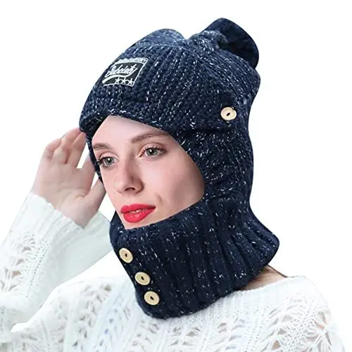 Produktbild: LZPCarra Filzmütze Damen Strickmütze mit Ohrenschützern, gefüttert, Damen-Mütze, Wintermütze, Schal, Masken, Set, 3 und 1 Damen-Strickmütze, Schal Mütze Junge Winter (A, One Size)