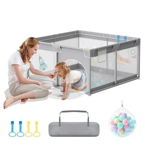 Produktbild: LZQ Laufstall Baby Laufgitter Baby Playpen, Kinderlaufstall mit Tür,Kinder Sicherheitsspielplatz Schutzgitter,mit 50 Bällen,4 Zugringen und Tragetasche (Grau, 127 * 127 * 68cm)