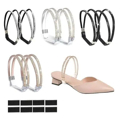 Produktbild: LZYDKH 4 Paar Schuhbänder für Absätze, Elastische High Heels Schuhriemen Abnehmbare Glitzer Anti Lose Riemchen Sandalen Schnürsenkel von Frauen Mädchen(Weiß, Schwarz, Rosengold)
