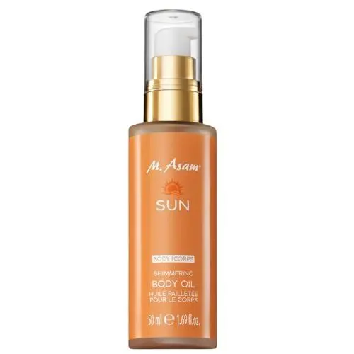 Produktbild: M Asam SUN Shimmering Body Oil LSF 15 (50 ml) – Pflegendes & Feuchtigkeitsspendendes Körperöl Mit Mittleren LSF 15 & Feinen Schimmer-Partikeln, Mit Traubenkernöl, Arganöl & Vitamin E, Sonnenöl