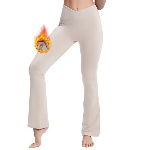 Produktbild: M MOTEEPI Bootcut Hosen Schlaghose Damen Fleece Yogahose Damen Winter Jogginghose High Waist Flared Leggings Crossover-Bund Yoga Pants Damen mit 2 Hinten Taschen Hohe Taille Yoga-Hosen Khaki S