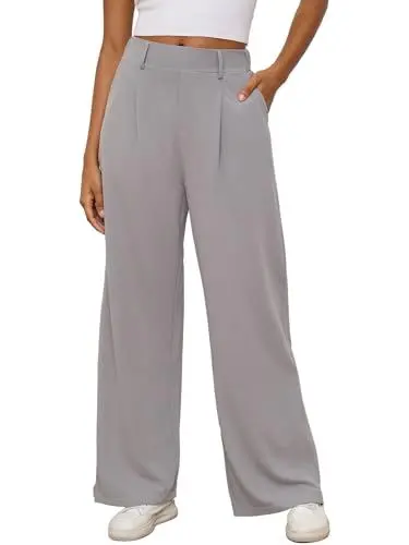 Produktbild: M MOTEEPI Hosen Damen Weite Hose Grau Palazzo Hose Stoffhose Elegant Freizeithose Weites Bein Damen mit elastischem Bund Business XL