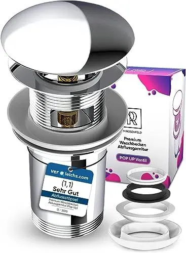 Produktbild: Waschbecken Ablaufgarnitur mit Überlauf Premium Pop Up Ventileinsätze aus Messing für Waschtisch - Chrom Ablaufventil mit 4 Ersatzdichtungen für Waschbecken Abflussgarnitur M. ROSENFELD HOME