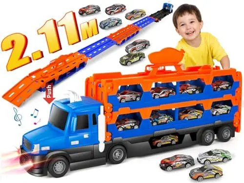 Produktbild: m zimoon Transport Truck Spielzeugauto für Jungen im Alter von 2, 3, 4, 5, 6 Jahren, Autotransporter Spielzeug Set mit Zwei 211 cm Spuren und 10 Rennautos, Geschenk für Jungen Mädchen 2-5 Jahre