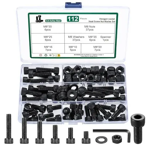 Produktbild: M8 Sechskantschrauben Muttern Set, 112 STK Zylinderkopfschrauben mit Muttern Set, Innensechskant Schrauben und Muttern Set mit Unterlegscheiben, Maschinenschrauben Sortiment, 12.9 Kohlenstoffstahl