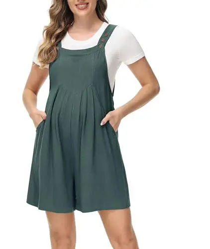 Produktbild: Maacie Umstandskleidung ärmelloser Strampler Weites Bein Knopfleiste Trendy Kurzer Latzhosen Overall mit Taschen Grau Grün M
