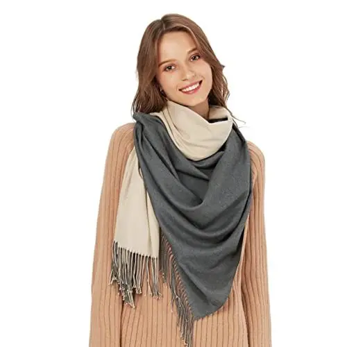 Produktbild: MaaMgic Schal Damen Zweifarbig Stola mit Baumwolle Herbst Winter Mehrfarbige Deckenschal MEHRWEG Grau Hellkahki