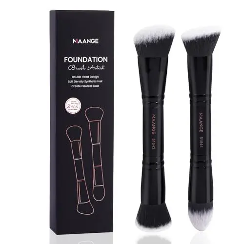 Produktbild: MAANGE 2Pcs Make-Up Pinsel Double-Ended Foundation Pinsel –Synthetische Premium Pinselset Makeup zur Verwendung Creme, Puder, Rouge, flüssiger Foundation, Concealer, Schwarz