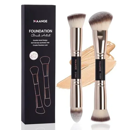 Produktbild: MAANGE 2Pcs Make-Up Pinsel Double-Ended Foundation Pinsel –Synthetische Premium Pinselset Makeup zur Verwendung Creme, Puder, Rouge, flüssiger Foundation, Concealer, Gold