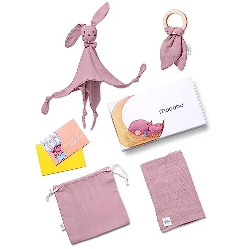 Produktbild: Mababu Baby Geschenkset zur Geburt – Bio-Baumwolle GOTS Zertifiziert – Schnuffeltuch, Beißring, Musselintuch, Beutel – extra weich, trocknergeeignet, Geschenk für Neugeborene, Jungen & Mädchen