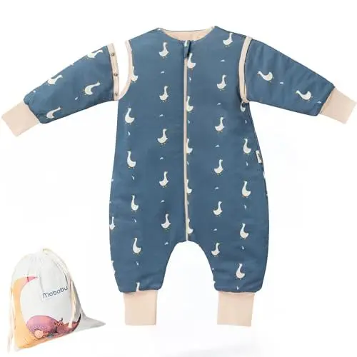 Produktbild: Mababu Ganzjahres Baby Schlafsack mit Füßen & abnehmbaren Ärmeln - 1.5 TOG - 100% GOTS Bio-Baumwolle - Ganzjähriger Kinderschlafsack mit Füßen- umklappbare Bündchen - Goose Dream, 70cm