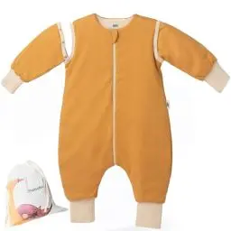 Produktbild: Mababu Ganzjahres Baby Schlafsack mit Füßen & abnehmbaren Ärmeln - 2.5 TOG - 100% GOTS Bio-Baumwolle - Ganzjähriger Kinderschlafsack mit Füßen- umklappbare Bündchen (Karamell, 100cm)
