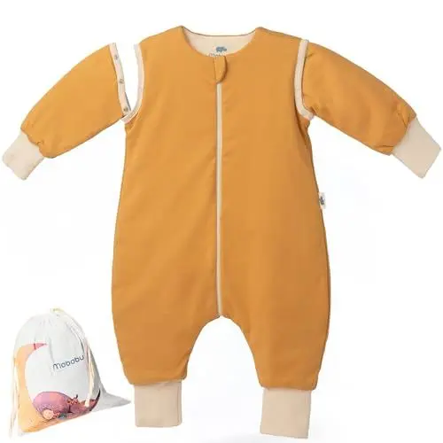 Produktbild: Mababu Ganzjahres Baby Schlafsack mit Füßen & abnehmbaren Ärmeln - 2.5 TOG - 100% GOTS Bio-Baumwolle - Ganzjähriger Kinderschlafsack mit Füßen- umklappbare Bündchen (Karamell, 100cm)