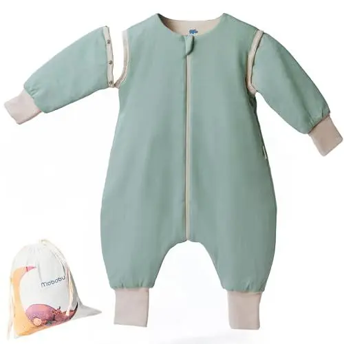 Produktbild: Mababu Ganzjahres Baby Schlafsack mit Füßen & abnehmbaren Ärmeln - 2.5 TOG - 100% GOTS Bio-Baumwolle - Ganzjähriger Kinderschlafsack mit Füßen- umklappbare Bündchen (Sea Green, 100cm)