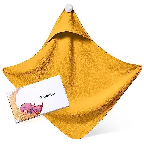 Produktbild: Mababu Kapuzenhandtuch Baby | EXTRA Dick & Saugstark | 75x75 cm GOTS Bio-Baumwolle | 4-lagen Musselin Baby Handtuch Kapuze für Neugeborene IAnti-Rutsch Knöpfe | Babyhandtuch mit Kapuze I Baby Badetuch