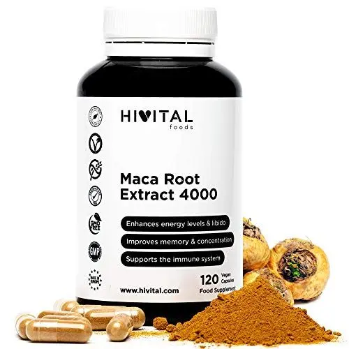 Produktbild: Maca 4000 mg Wurzel Extrakt aus Peru. 120 Vegane Kapseln für 4 Monate Behandlung. Maca-Wurzelextrakt konzentriert im Verhältnis 10:1. Hergestellt von HIVITAL