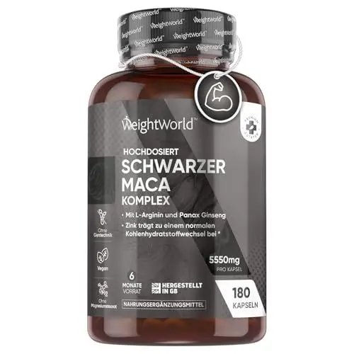 Produktbild: Maca Kapseln - 5550mg pro Kapsel - 6 Monate Vorrat - Schwarzer & Gelber Maca Komplex mit L-Arginin, Panax Ginseng, Schwarzer Pfeffer & Zink - 180 Kapseln - WeightWorld