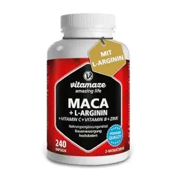 Produktbild: Maca Kapseln hochdosiert 4000 mg je Tagesdosis + L-Arginin + Vitamine + Zink, 240 Kapseln, Pulver aus der Maca Wurzel für 2 Monate, Pflanzliche Nahrungsergänzung ohne Zusätze, Made in Germany
