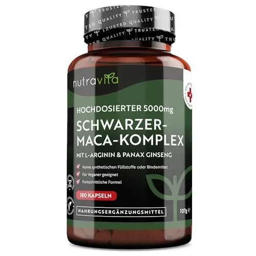 Produktbild: Maca Kapseln schwarz - Hochdosiert mit 5000mg - 180 vegane Kapseln - Zusätzlich mit Panax Gingseng und L-Arginin - Laborgetestet in Deutschland - Ohne Zusätze und GVO Frei - 6 Monatsvorrat