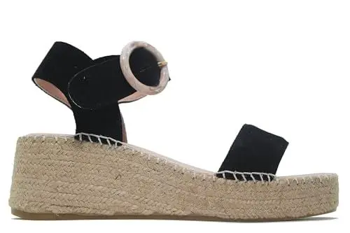 Produktbild: Macarena Leder-Sandalen, Espadrilles mit Keilabsatz und Plattform, große Schnalle, Gummisohle, für Damen, Schwarz , 40 EU