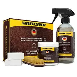 Produktbild: Macari Lederpflege 500ml Balsam + 500ml Reiniger + 2 Schwamm + Lederbürste Premium Leder Lederreiniger Set Bienenwachs für Ledercouch Auto Möbel Jacke Kleidung Sofa Handtasche Schuhe Sattel Lederfett