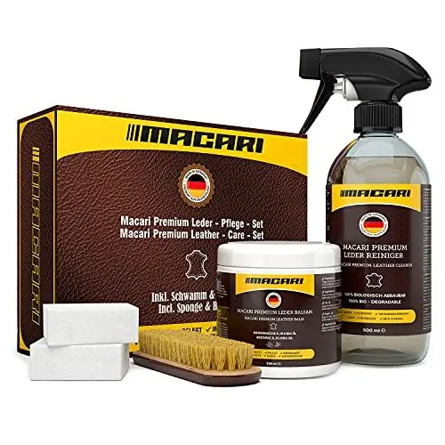 Produktbild: Macari Lederpflege 500ml Balsam + 500ml Reiniger + 2 Schwamm + Lederbürste Premium Leder Lederreiniger Set Bienenwachs für Ledercouch Auto Möbel Jacke Kleidung Sofa Handtasche Schuhe Sattel Lederfett