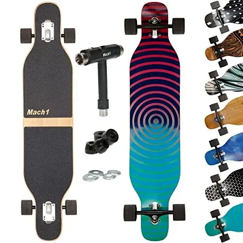 Produktbild: Mach1 Bambus Longboard mit Keramik Kugellager + T-Tool - Skateboard Drop Through Cruiser Komplettboard - 2852