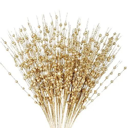 Produktbild: MACTING 12Pack künstliche Glitter Beerenstamm Ornamente, 45cm Gold Beeren Stiele Zweig dekorative Sticks für Christbaumschmuck Weihnachtsdeko Adventskranz Deko Weihnachtsgirlande Türkranz Weihnachten