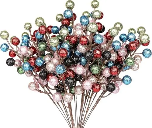 Produktbild: MACTING 24Pack Glitter Bunt Beeren Stiele, Künstliche Holly Beeren Zweige Deko Weihnachten für Christbaumschmuck Weihnachtsdeko Adventskranz Deko Weihnachtsgirlande Türkranz Weihnachten Ornamente
