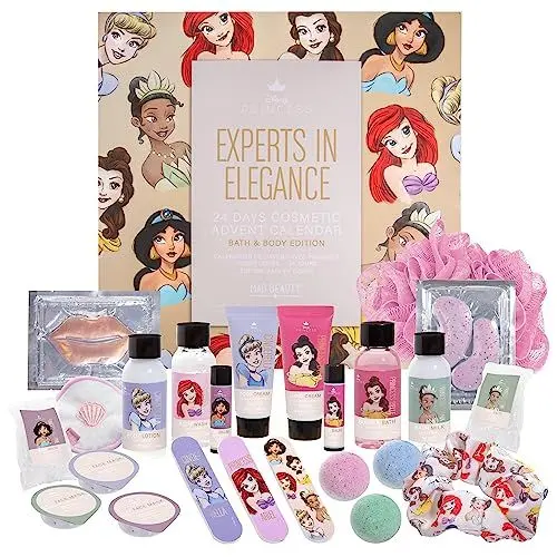 Produktbild: MAD Beauty – Disney Princess Adventskalender mit 24 Make up & Kosmetik Produkten, Wellness Adventskalender Prinzesssinen für Frauen mit Gesichtsmaske, Bodylotion, Haargummi – Weihnachtskalender Beauty