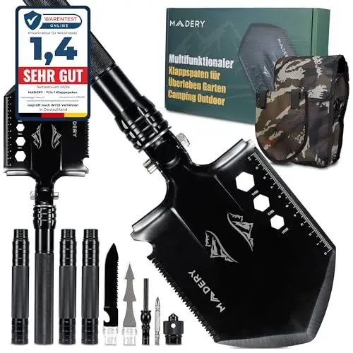 Produktbild: MADERY Survival 11-in-1 Klappspaten - Robuste & Rostfreie Multifunktion Spaten aus Hochwertigem Stahl, nutzbar für Camping, Outdoor, Überleben inkl. Feuerstahl & Tasche, Geschenk für Papa Weihnachten