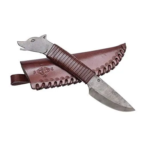 Produktbild: Madhammers Handgeschmiedetes Federstahl Messer Wolfskopf & spitze Klinge mit Echtledertasche in brauner Farbe - Für Kunst- & Kulturliebhaber - Gesamtlänge 23 cm