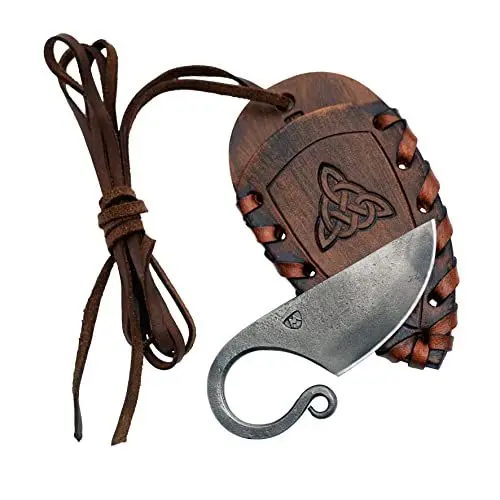 Produktbild: Madhammers Keltisches Taschenmesser Gürtel Handgeschmiedetes Federstahl Messer im keltischen Stil - mit Echtledertasche (Dunkelbraun)