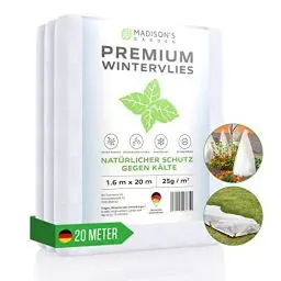 Produktbild: MADISON'S GARDEN Winterschutzvlies - (20m x 1,6) Wasserdurchlässig - Frostschutz Pflanzen 25g/m² - Pflanzen Winterschutz draußen - Frostschutzvlies - Wintervlies für Pflanzen Frostschutz